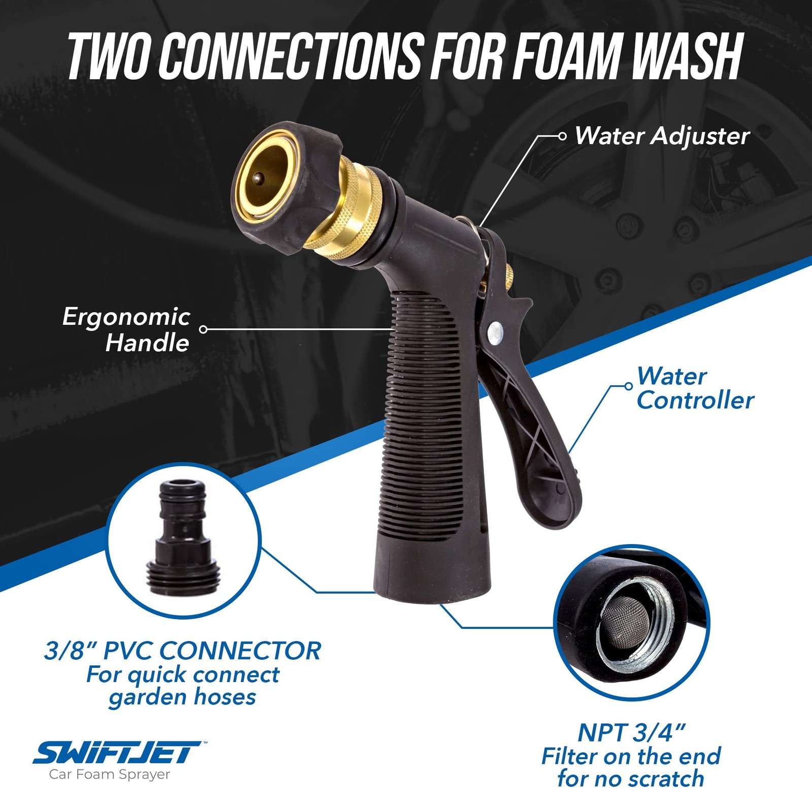 Foam Gun Car Wash Black with Microfiber Mitt Garden Hose SwiftJet Works Soap