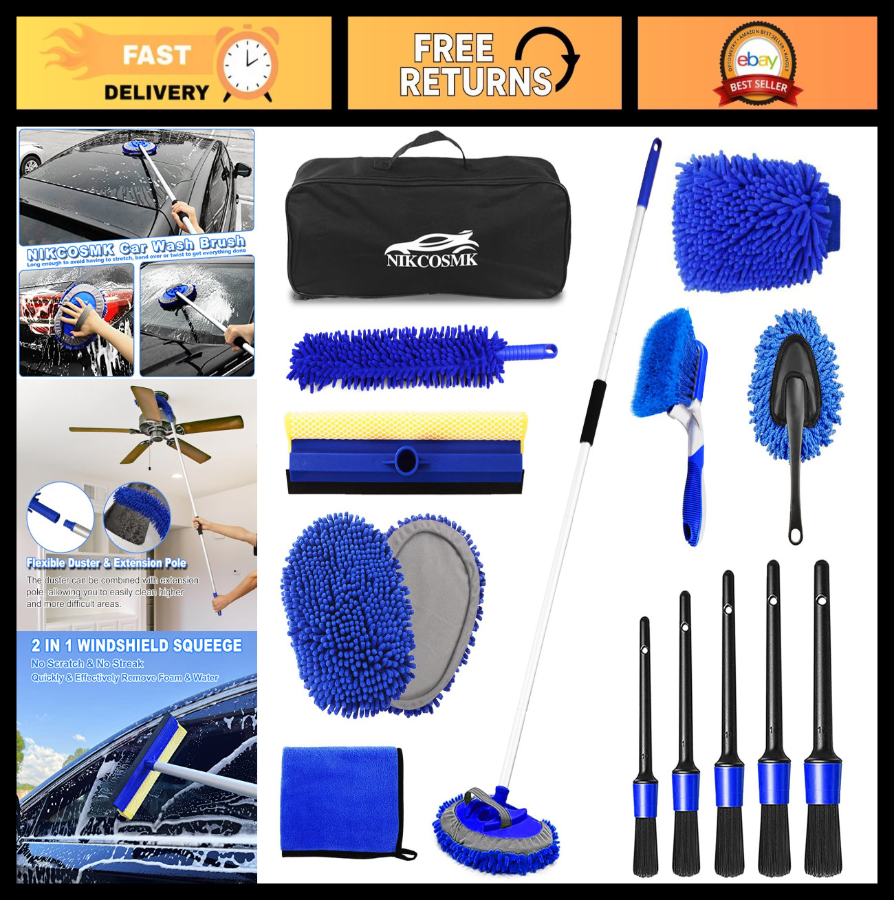 62” Car Wash Brush Kit – Long Handle Mop, Chenille Head, Squeegee & Detailing T