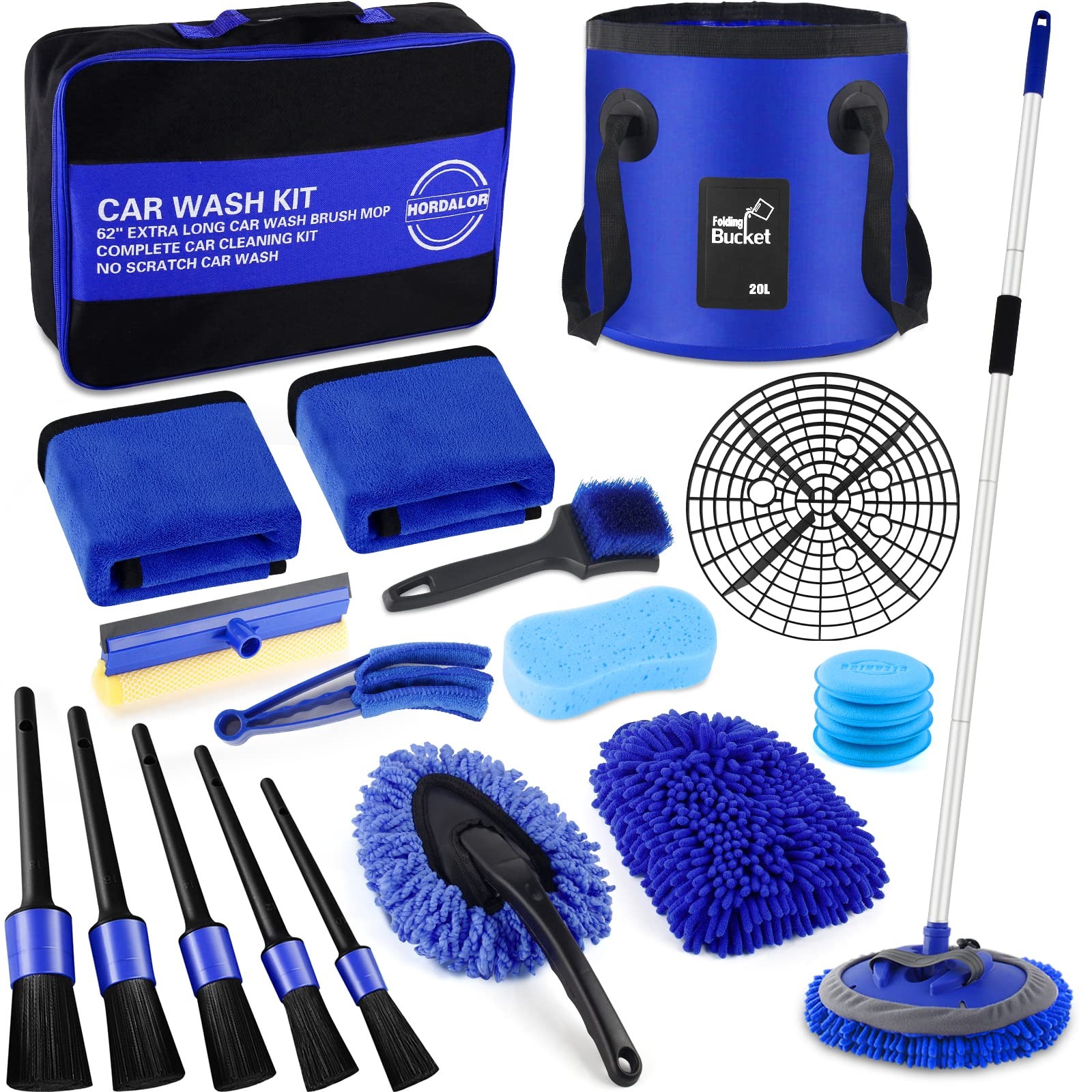 21Pcs Car Wash Kit,62″ Brush wash brush with long handle, Blue