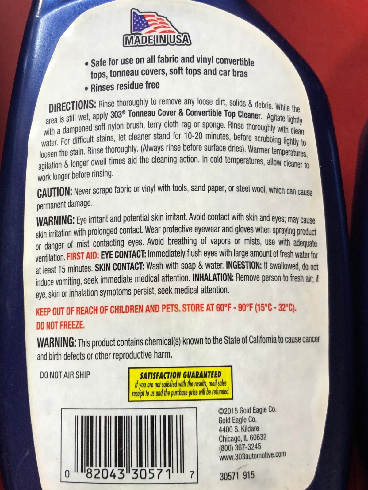 (3) BOTTLES OF 303 TONNEAU CONVER & CONVERTIBLE TOP VINYL & FABRIC TOP CLEANER
