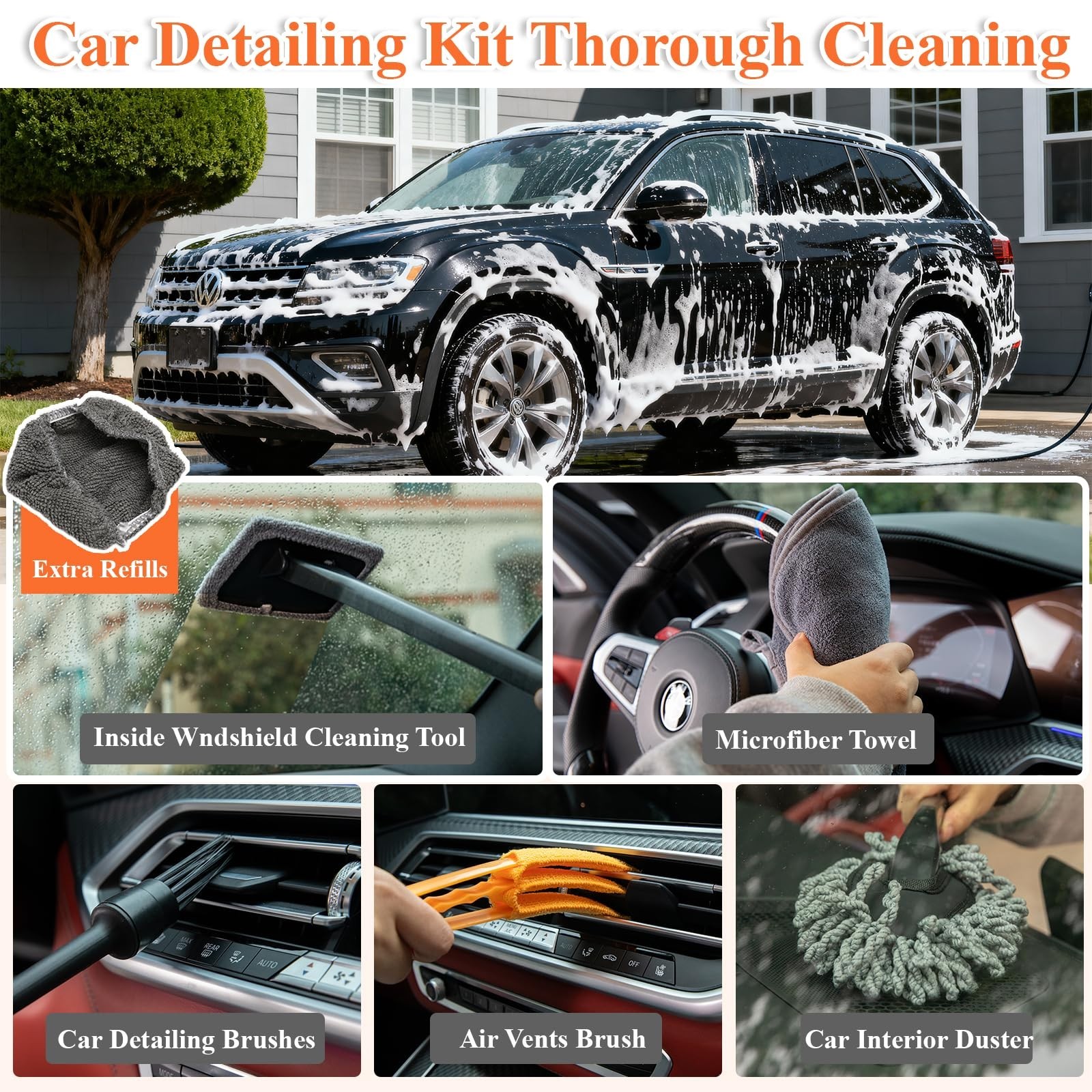 21Pcs Car Wash Kit – Heavy-Duty Extension Pole, Soft Brush, Wheel Cleaner, Mop M