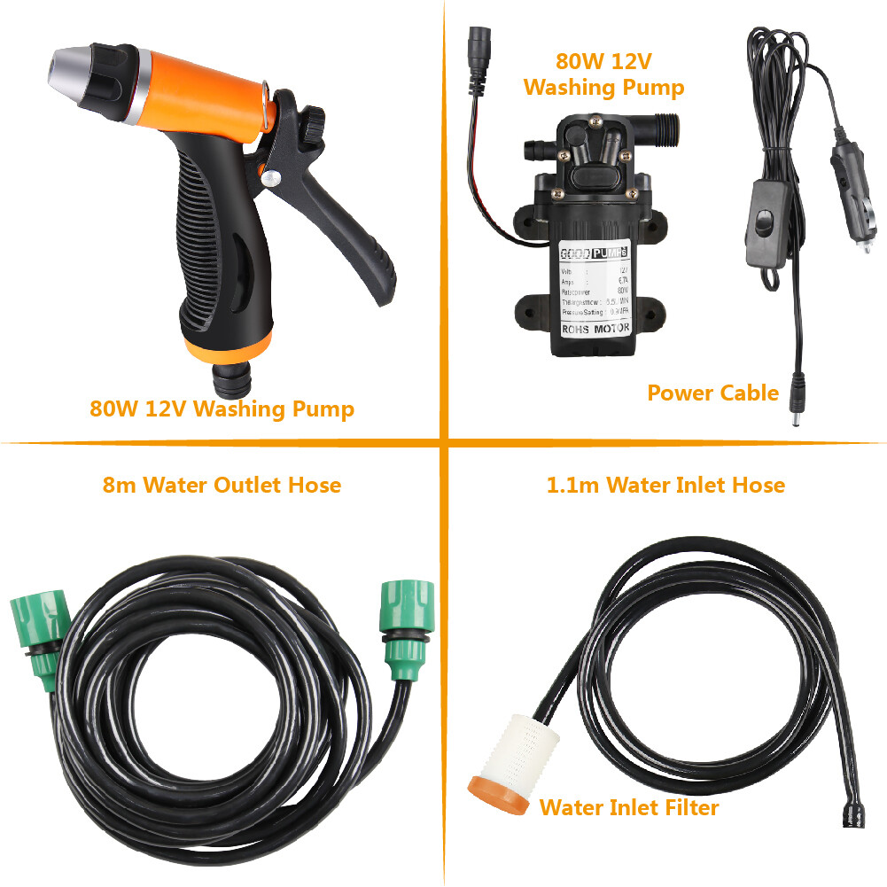 Mini Portable Electric Car Washer Kit 80W 130PSI High Pressure Water Pump DC 12V