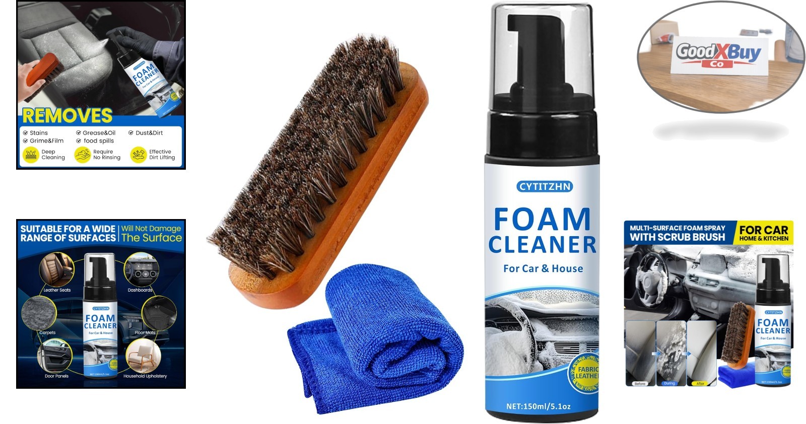 All-Purpose Car Interior Foam Cleaner Kit Deep Stain Remover Brush Towel 5oz