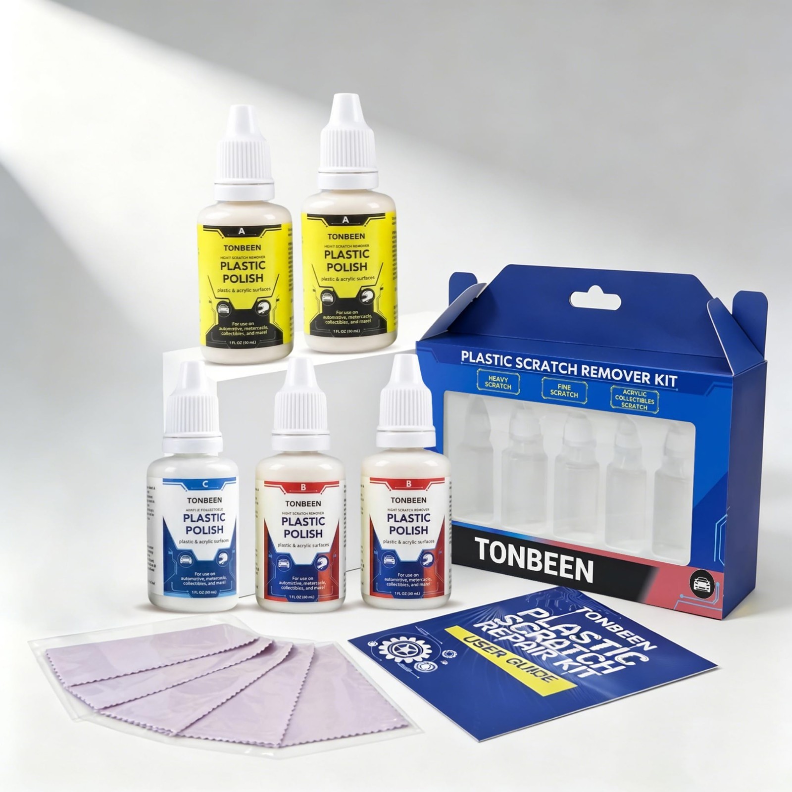 3-Level Plastic Scratch Remover & Polish Kit, 5-Piece Set for Headlights & Acryl