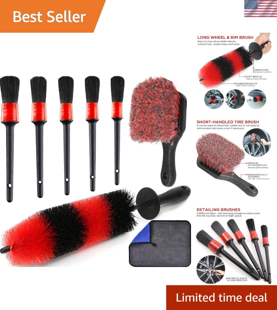 Premium Long Wheel and Rim Brush Set with Soft Bristles – Car Cleaning Kit