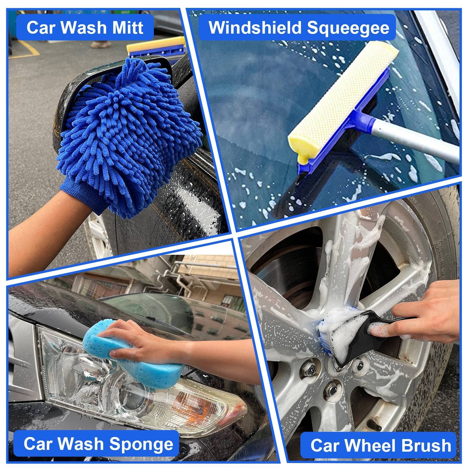 21Pcs Car Wash Kit,62″ Brush wash brush with long handle, Blue