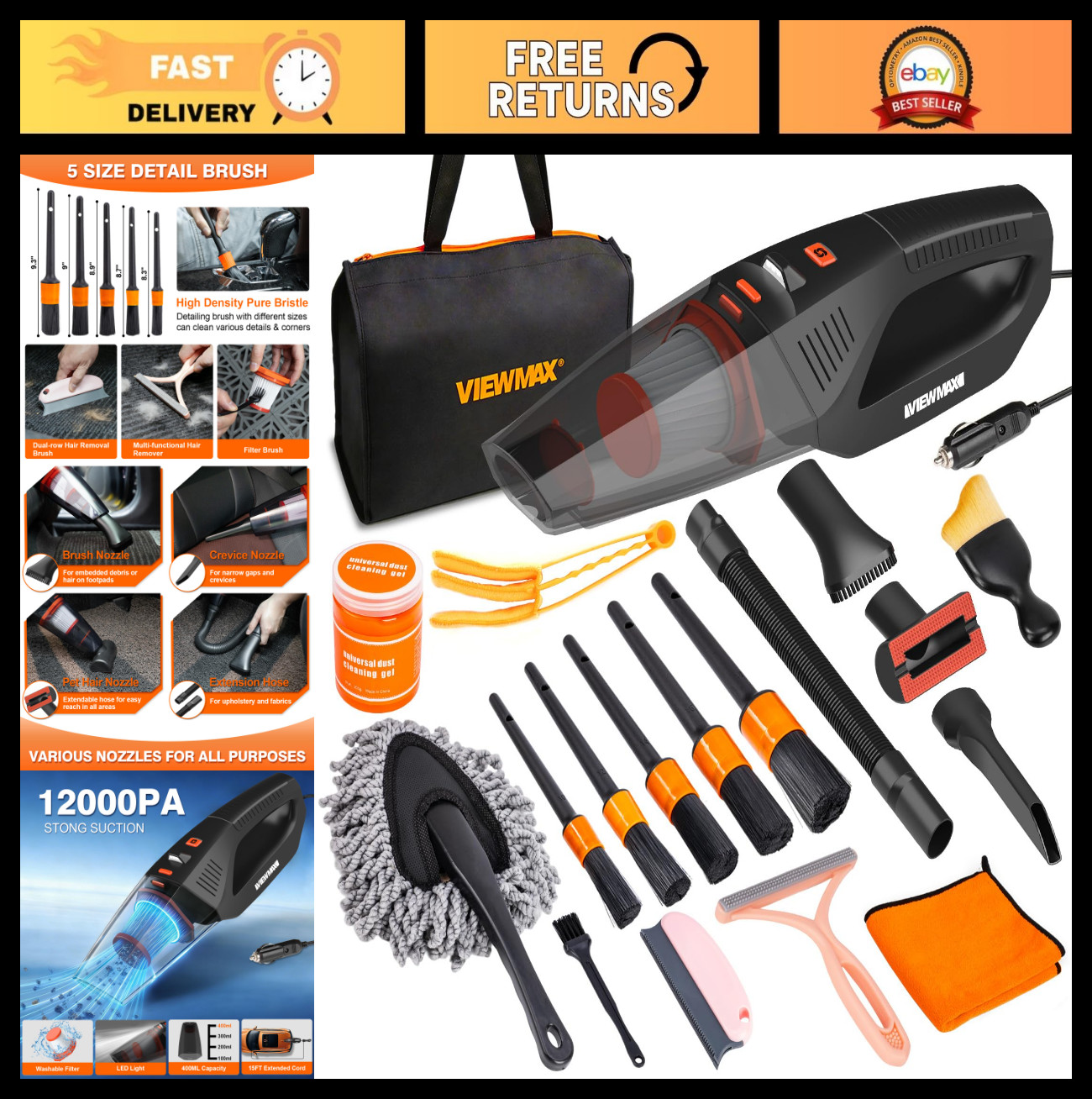 19-Piece Car Cleaning Kit, 12000PA Handheld Vacuum, Detailing Brushes & Gel, Sto