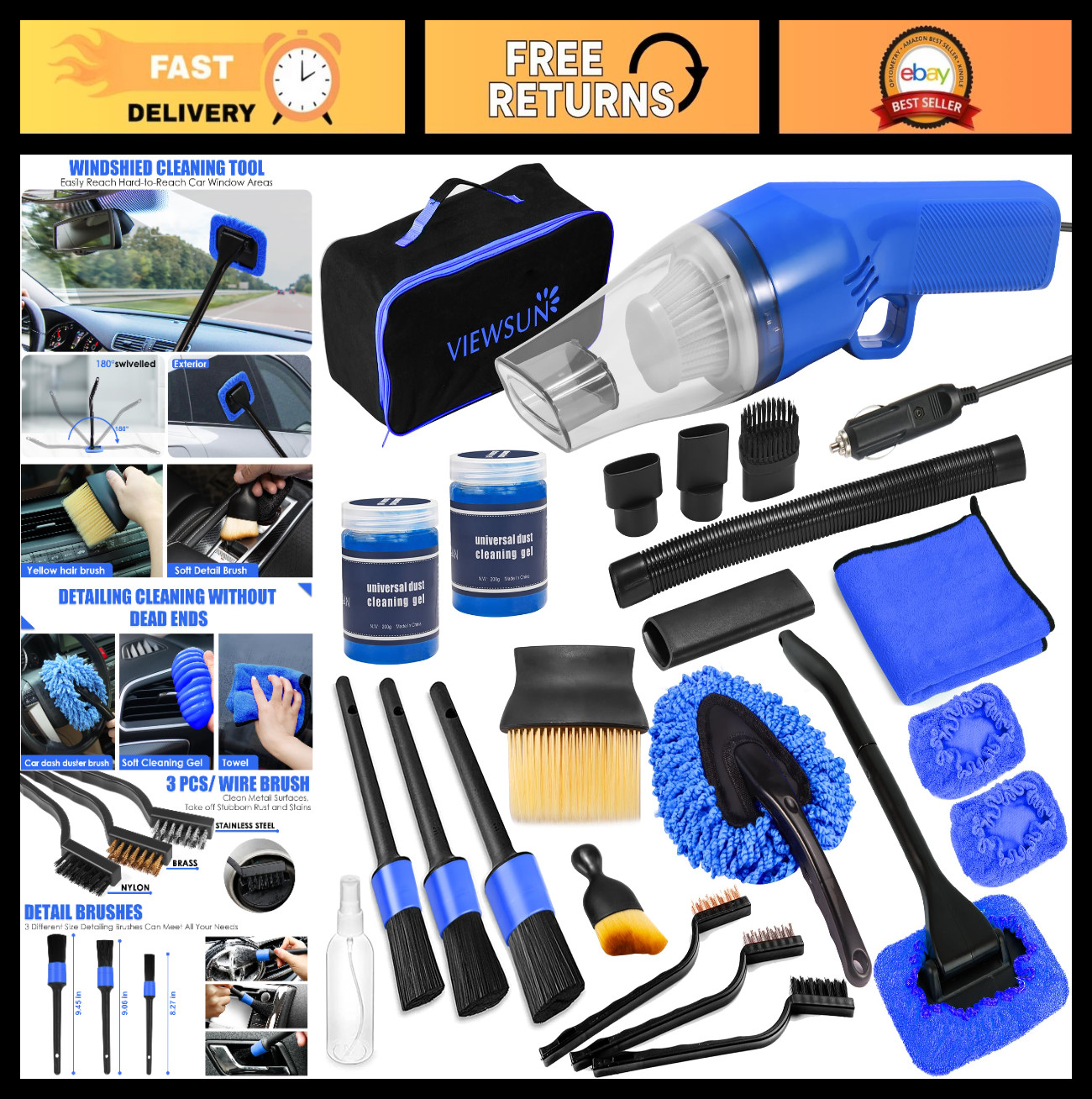 18PCS Car Cleaning Kit – Interior Detailing, High Power Vacuum, Brushes & Gel