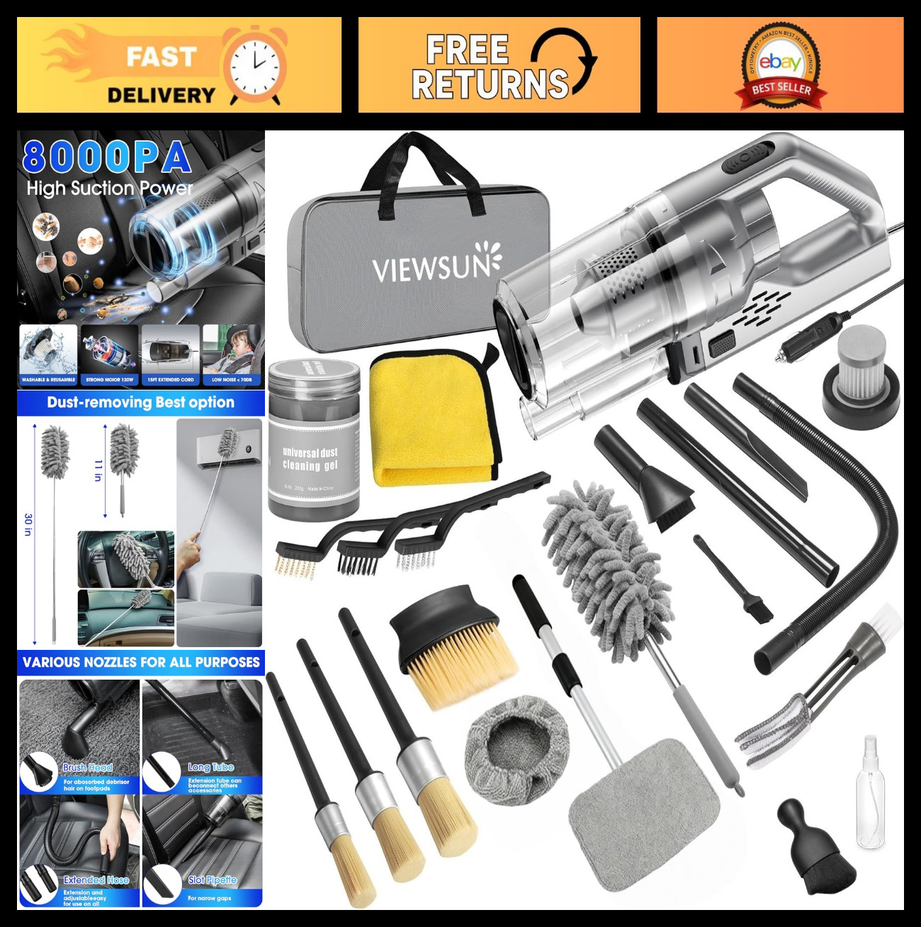 17PCS Car Interior Cleaning Kit – High Power Vacuum, Detailing Brushes & Accesso