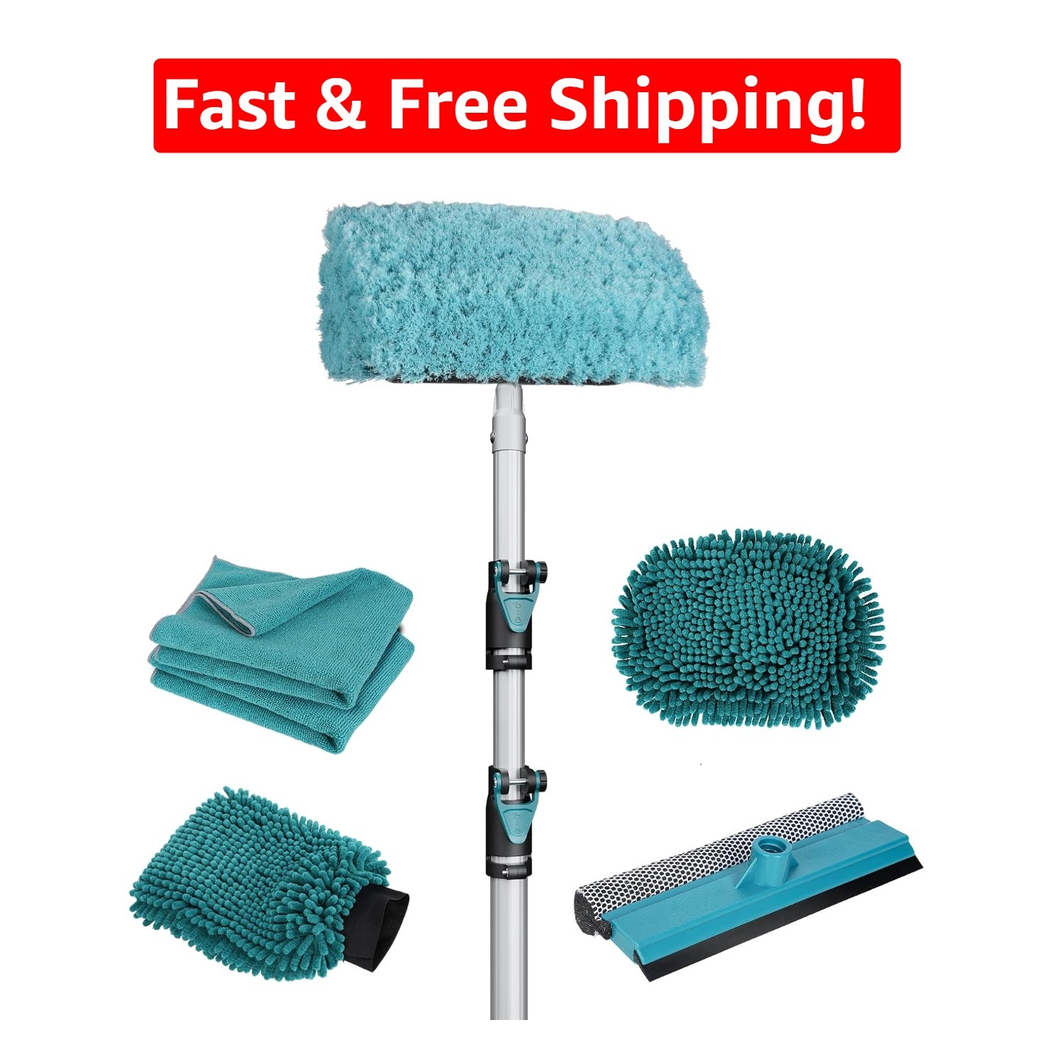 Luxury Car Cleaning Kit: 12FT Brush, Tire & Window Squeegee, Microfiber Mitt