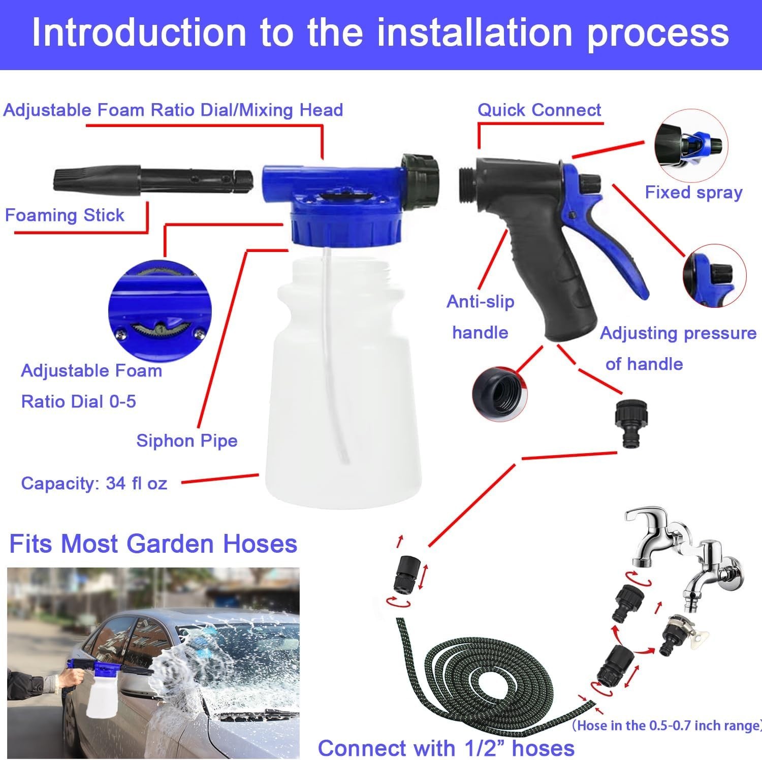 37Pcs Car Wash Kit Cleaning Kits with Foam Gun Sprayer Bucket Towels Tire Brush