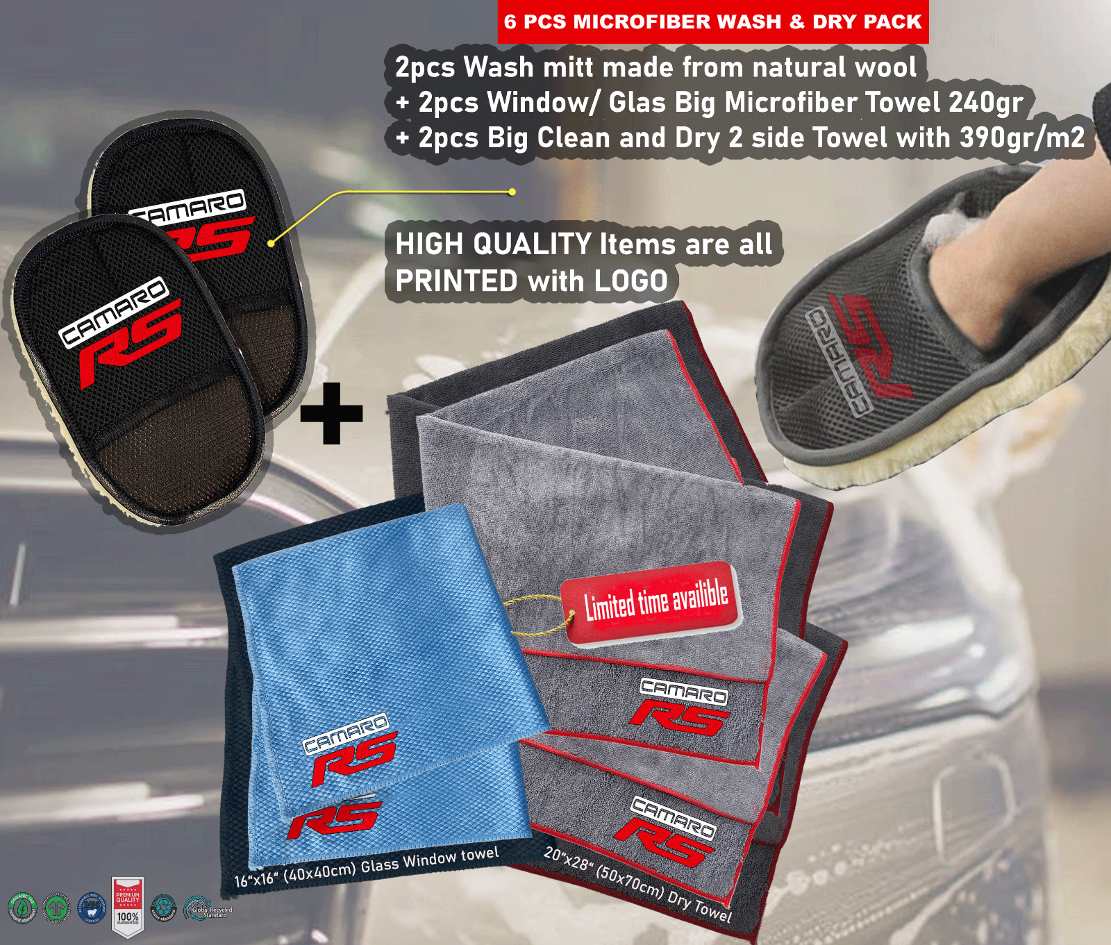 6Pack For Camaro Rs Wash Mitt Car care Microfiber Detailing dry Towel Cleaning