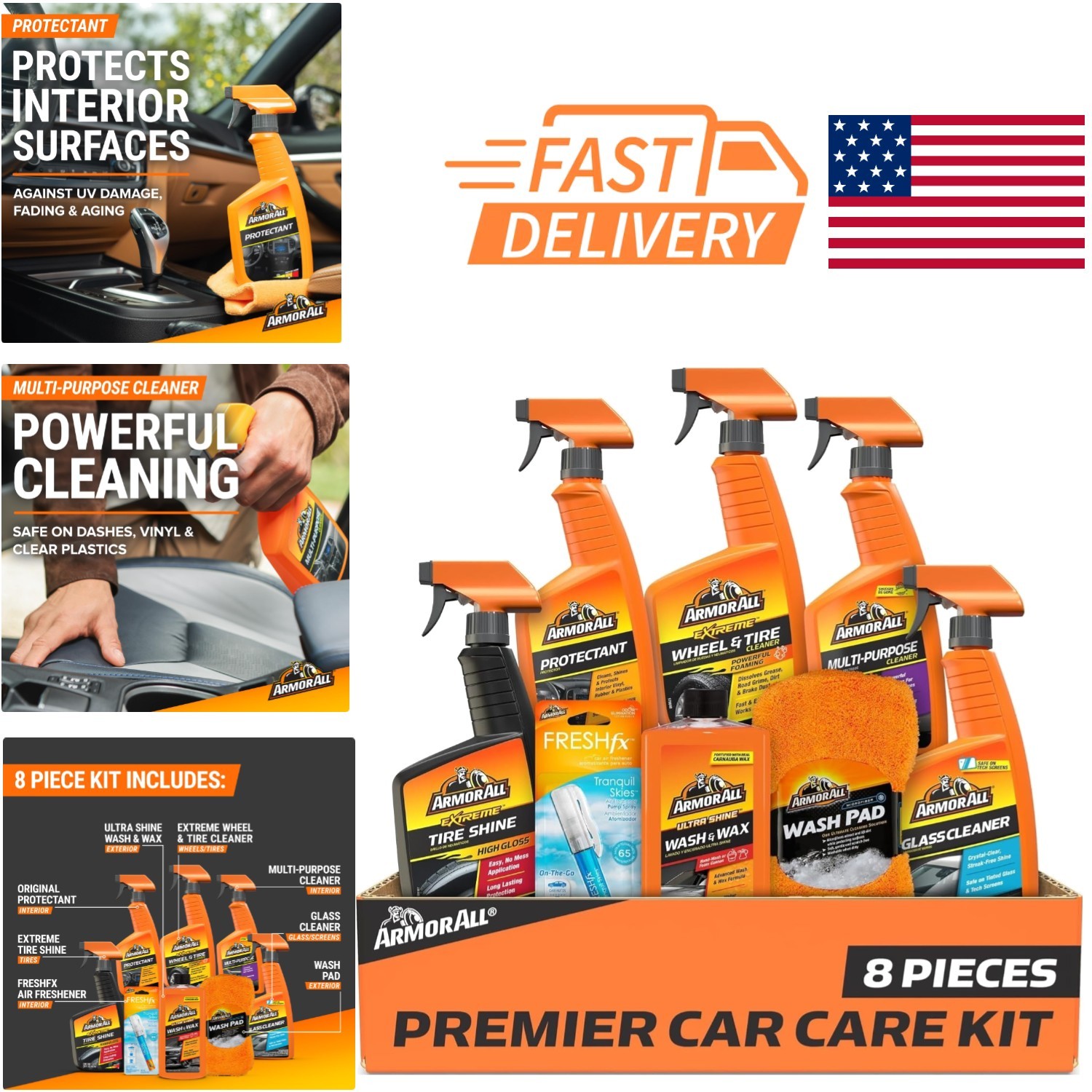 8 Piece Car Detailing Kit with Tire Shine Glass Cleaner and Wash Pad Included