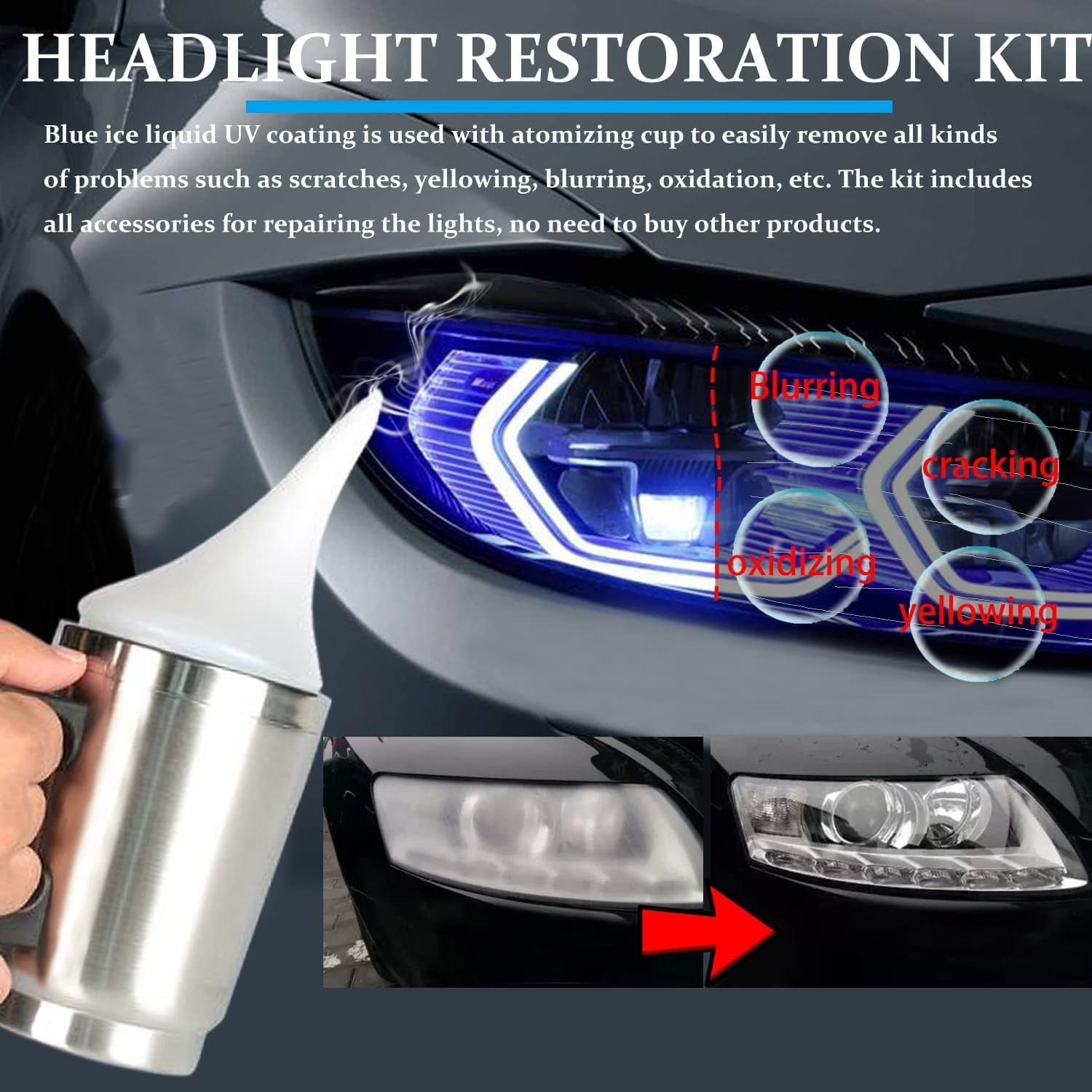 Kit de restauración de faros de coche, kit de reparación de pulido de faros, vas