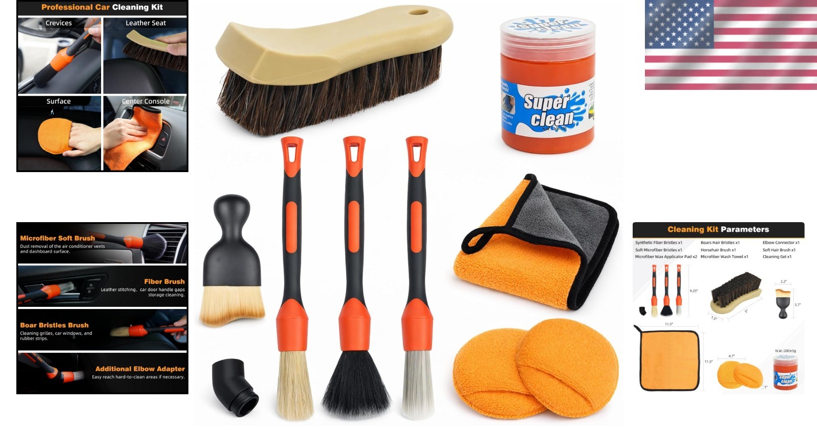 Luxury Car Detailing Kit with 9 Brushes, Wax Applicator & Interior Cleaning Gel