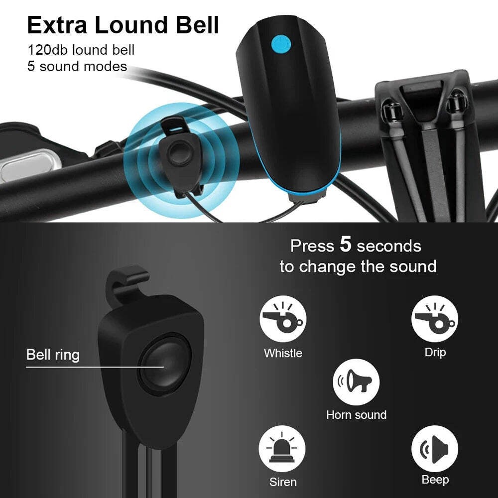 Bicycle LED Head Light with Horn Speaker 3 Modes Front remote