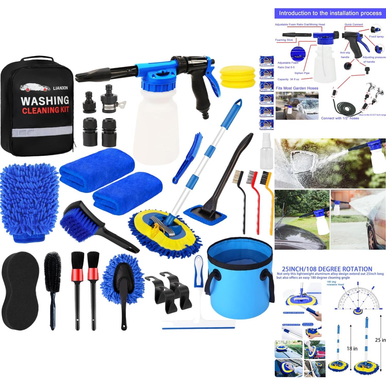 Car Detailing Cleaning Kit Foam Gun Bucket Window Mop Wheel Brush Auto Care Set
