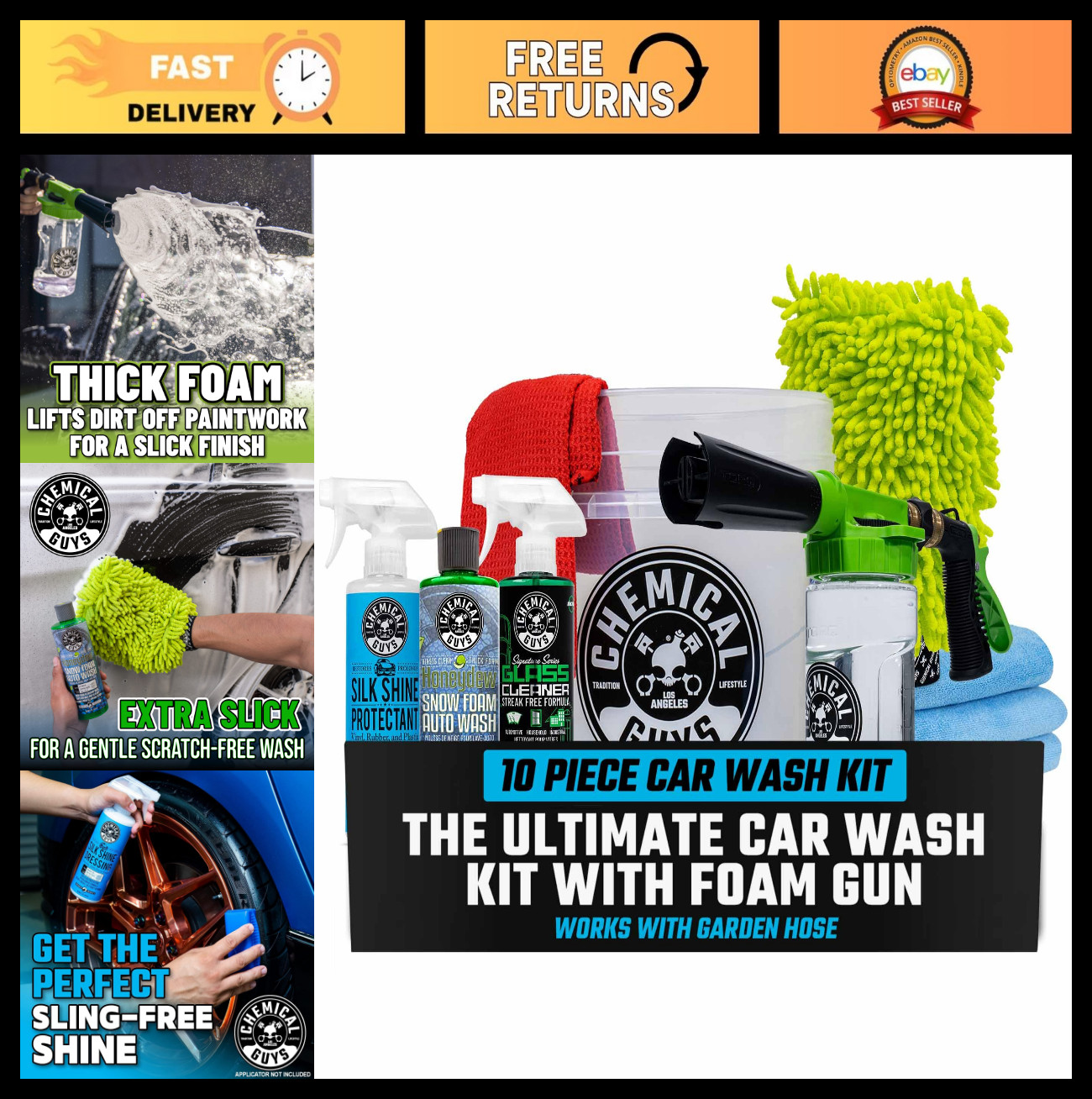 10-Piece Car Wash Kit with Foam Gun, Bucket & 3 Car Care Products – Garden Hose