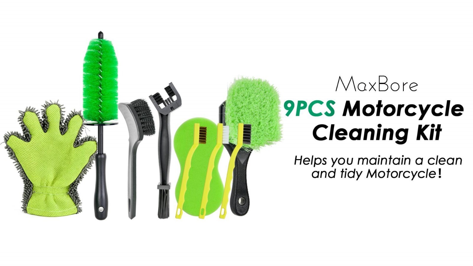 9 Pack Motorcycle Cleaning & Detailing Kit – Brushes, Sponge, Mitt, Tools for Bi