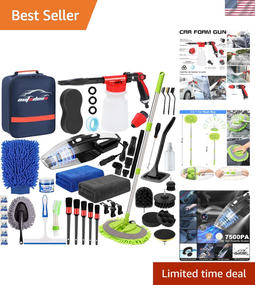 43Pcs Car Wash Kit Foam Gun Mop Vacuum Detailing Brushes Towels
