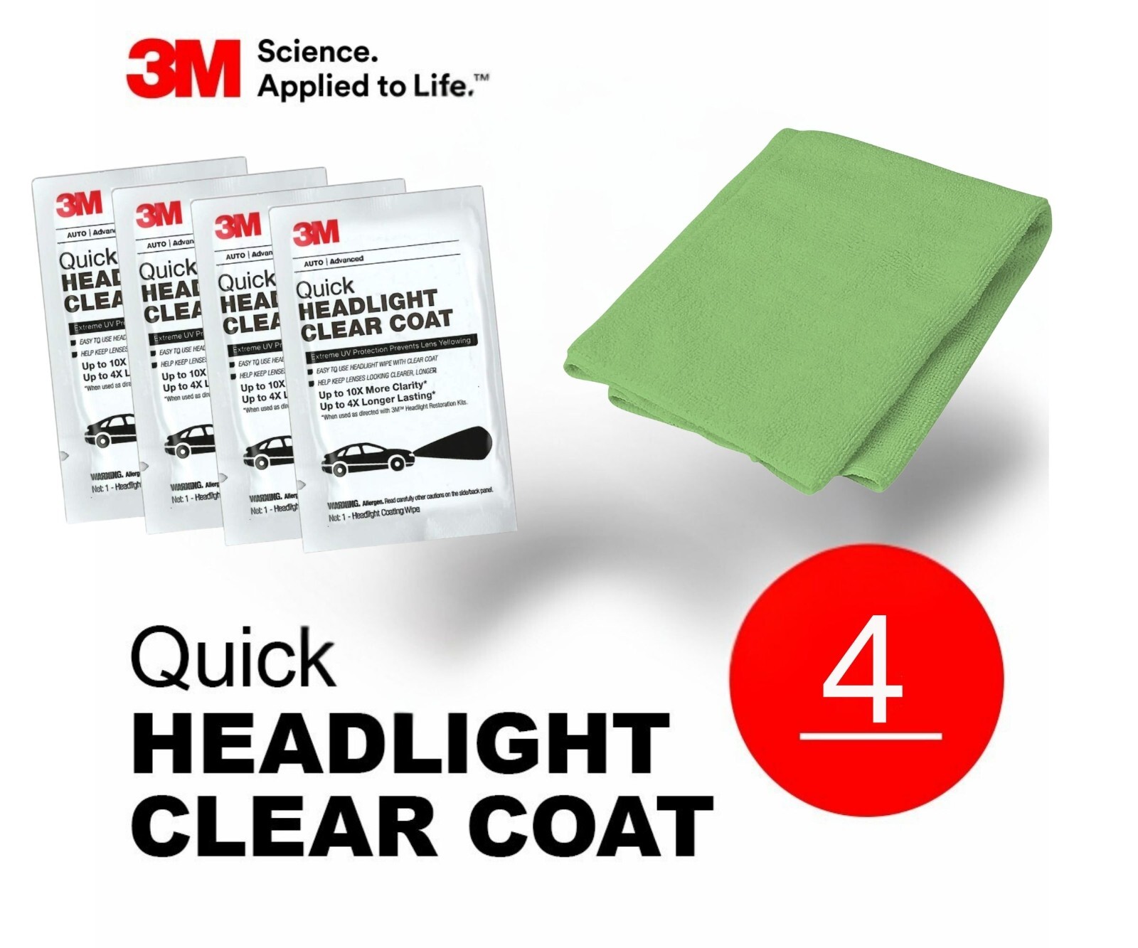 3M Quick Headlight Clear Coat 4x wipe lot With 16×16 Microfiber Cloth – Green
