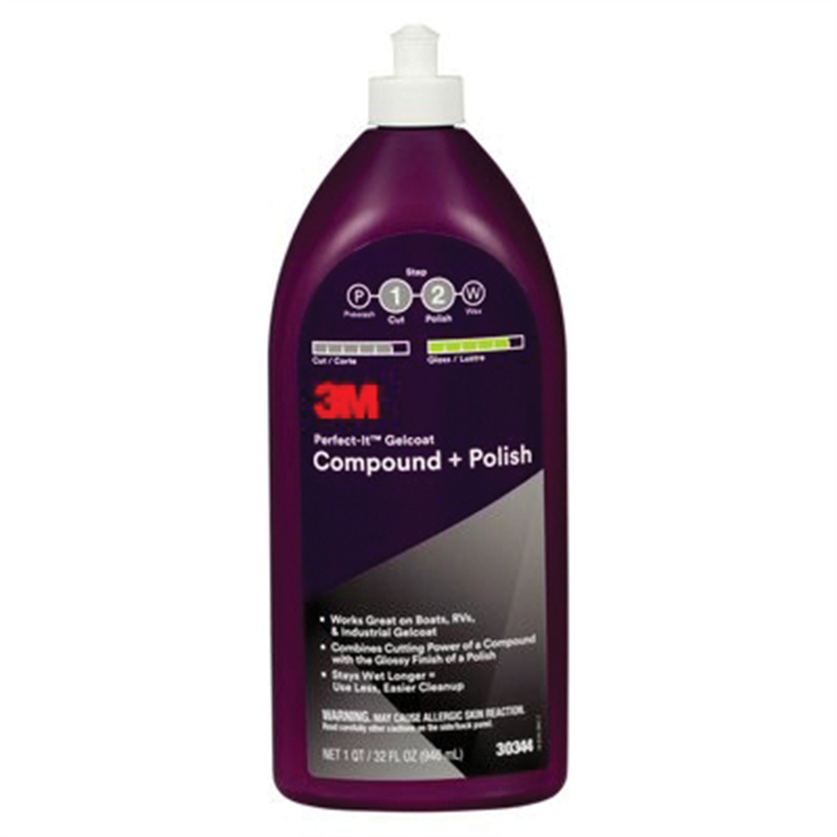 3M Perfect-It 30344 Gelcoat Compound + Polish, 1 qt Bottle, White, Liquid