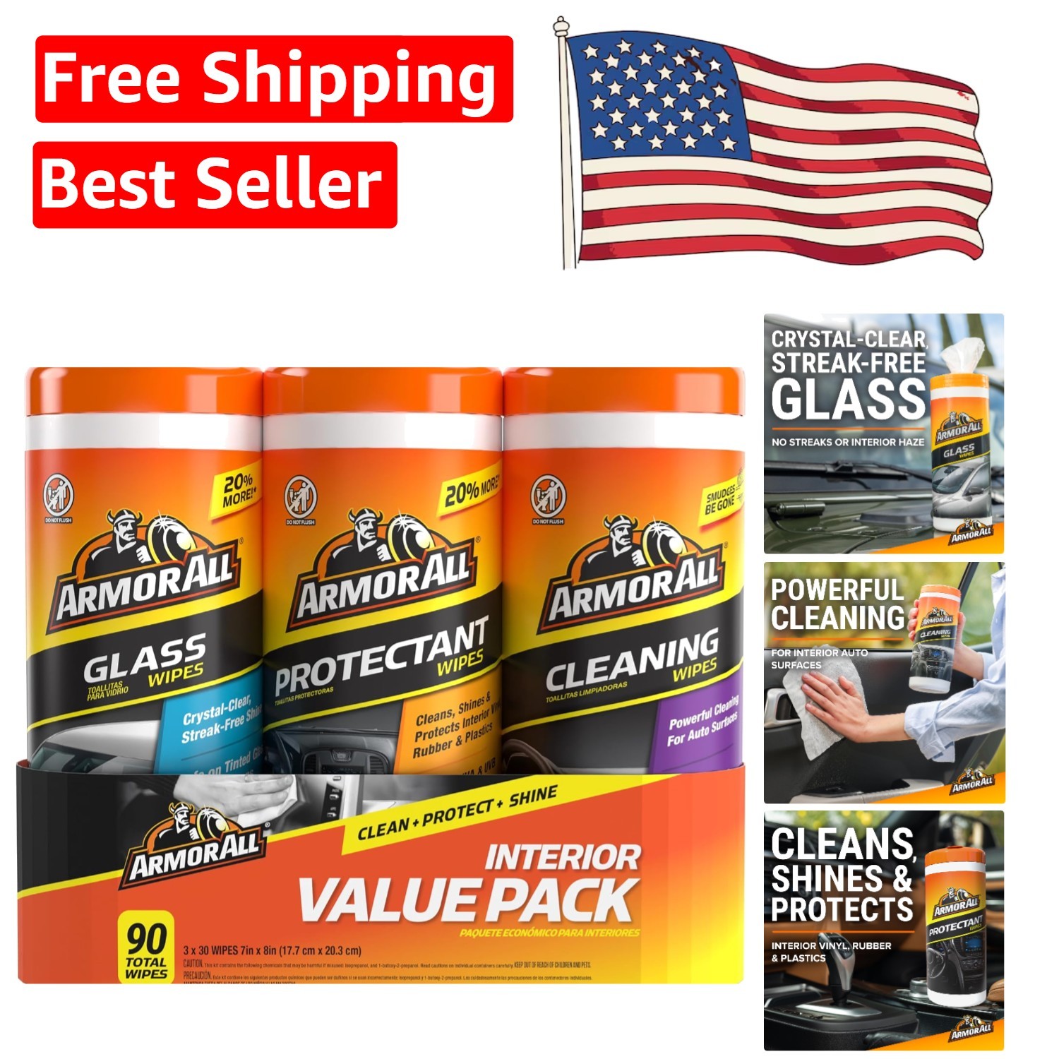 Essential Car Wipe Trio – 90 Count for Interior Glass & Surface Protection