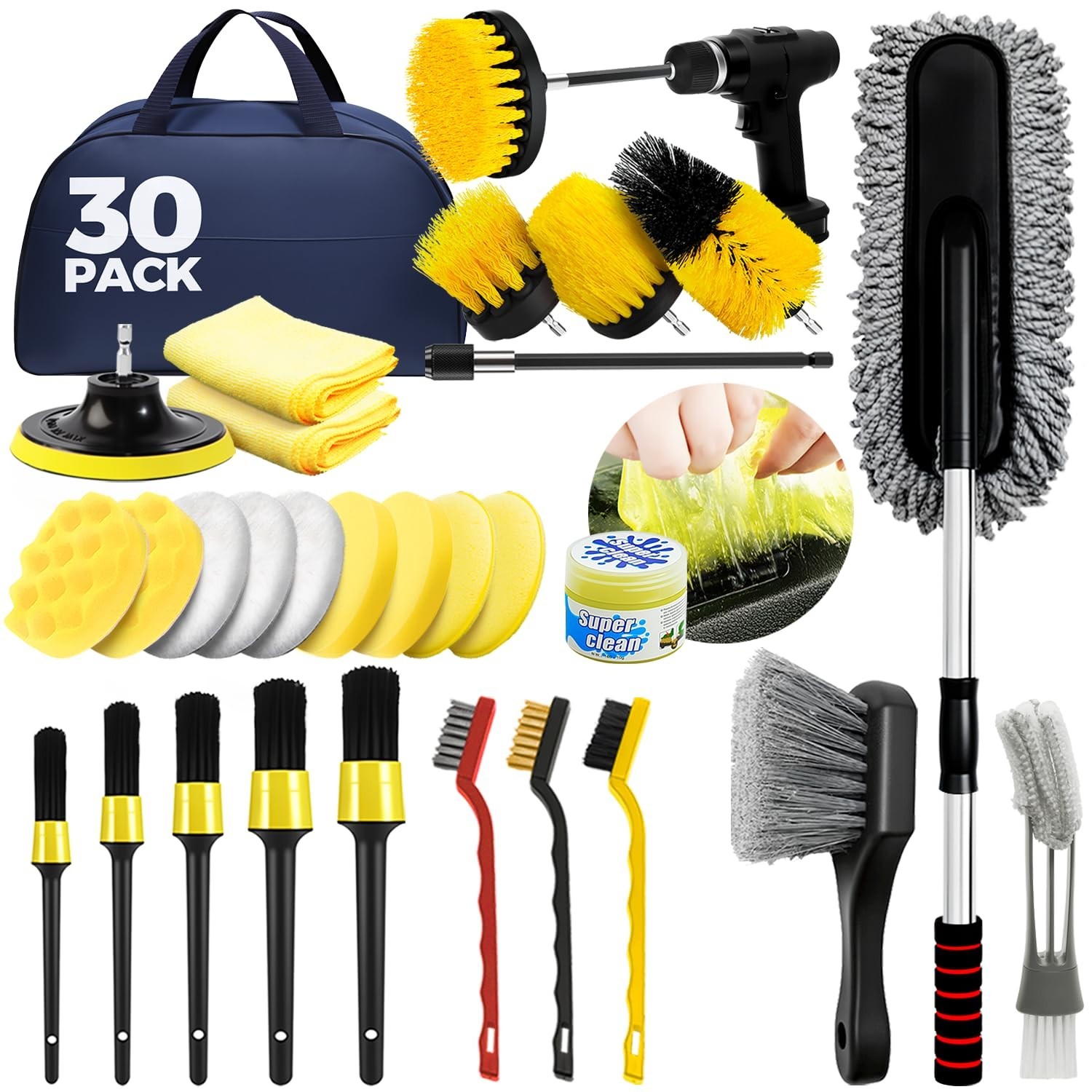 30Pcs Car Detailing Kit – Brushes, Cleaning Gel, Extendable Dusters & Tools Set