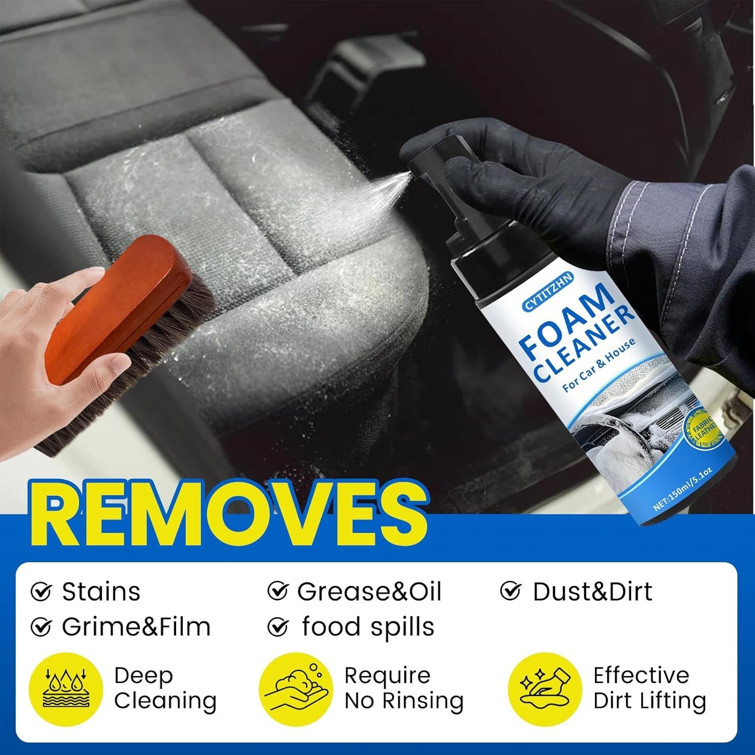 All-Purpose Car Interior Foam Cleaner Kit Deep Stain Remover Brush Towel 5oz