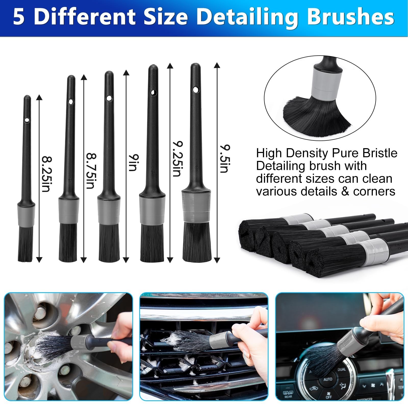 Car Wash Kit – 62″ Extendable Brush Mop, 2-in-1 Squeegee & 9 Detailing Brushes