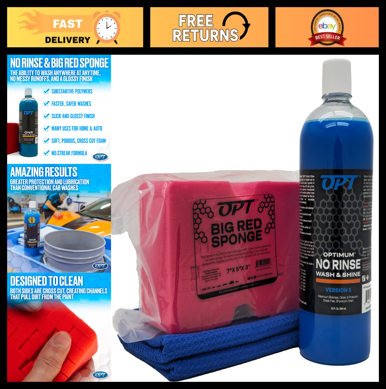 Rinseless Car Wash Kit – 32oz No Rinse Solution, Microfiber Towel & Big Sponge