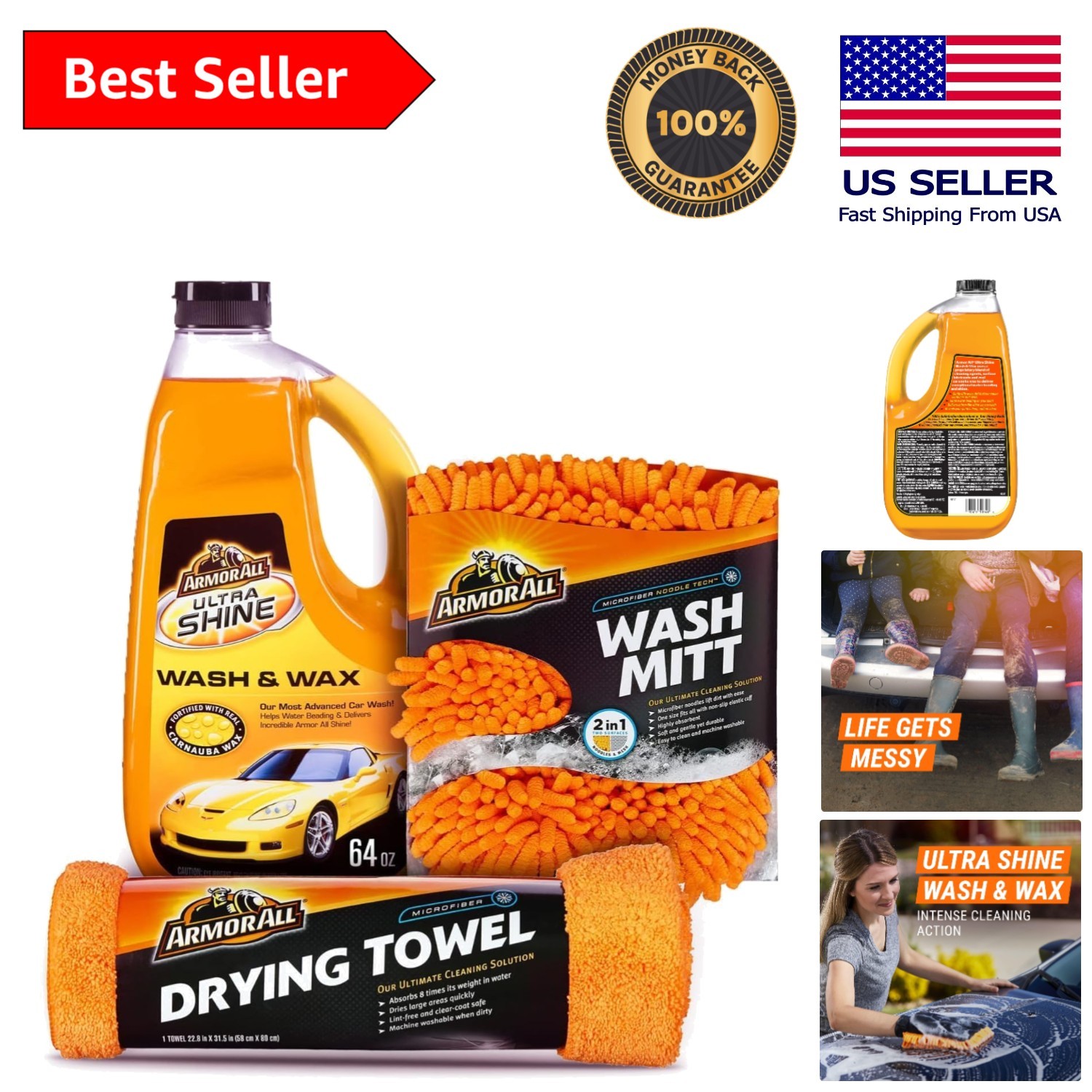 Complete Car Washing Set: Soap, Microfiber Mitt & Absorbent Towel Included