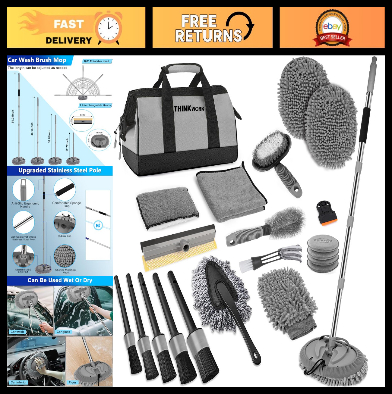 Car Wash Kit with Long Handle Brush, Extendable Mop, 2-in-1 Squeegee & 9 Detaili