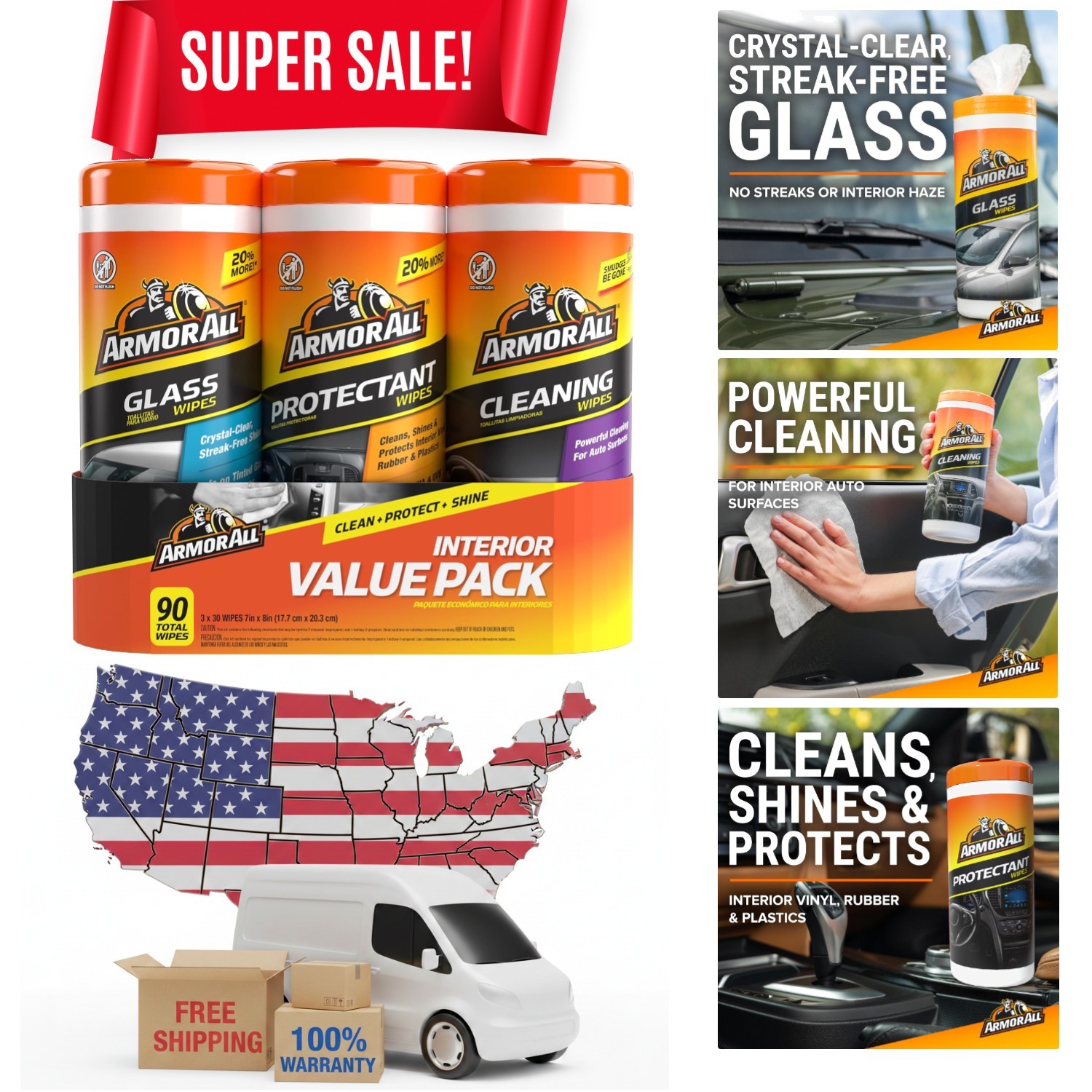 90 Count Car Cleaning Wipes Multi-Pack: Protectant, Glass & Interior Wipes