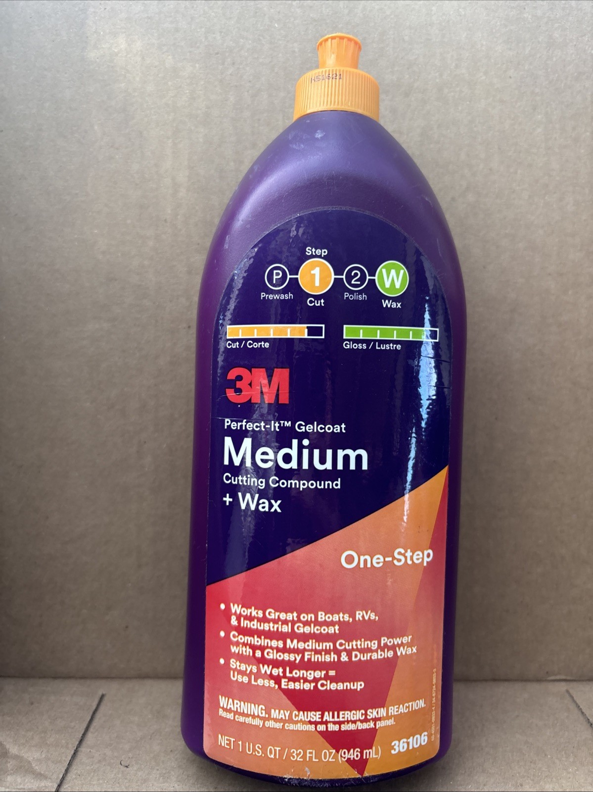 3M Perfect-It Gelcoat Medium Cutting Compound + Wax Quart 1qt 36106