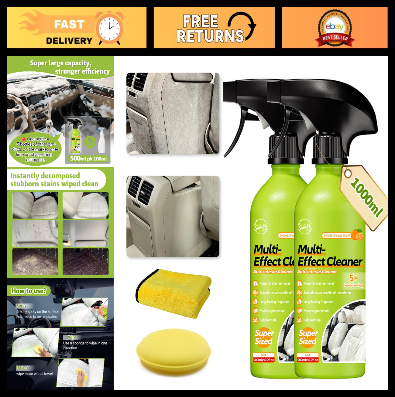 Car Interior Cleaner Foam Spray Kit for Roof Headliner & Fabric – Upholstery Car