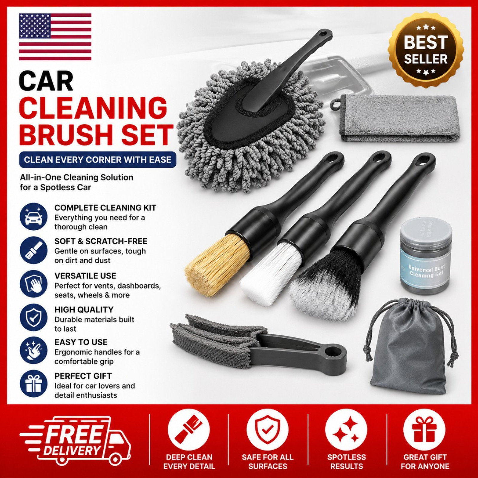8PCS Car Detailing Kit with 200g Cleaning Gel, Dash & Vent Cleaning Tools