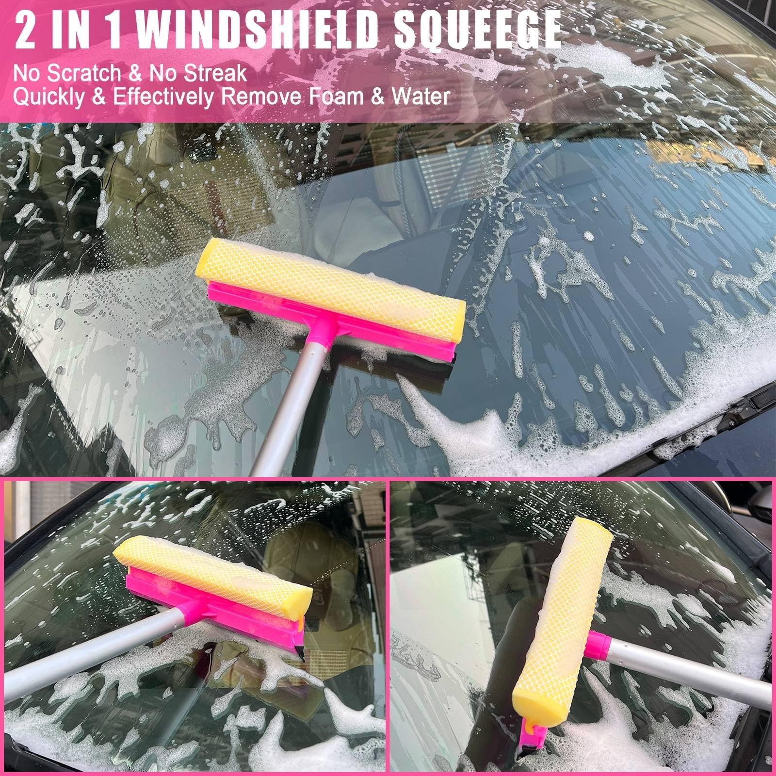 62″ Pink Car Wash Brush & Mop Kit – Microfiber Mitt, Squeegee, Wheel Brush, Deta