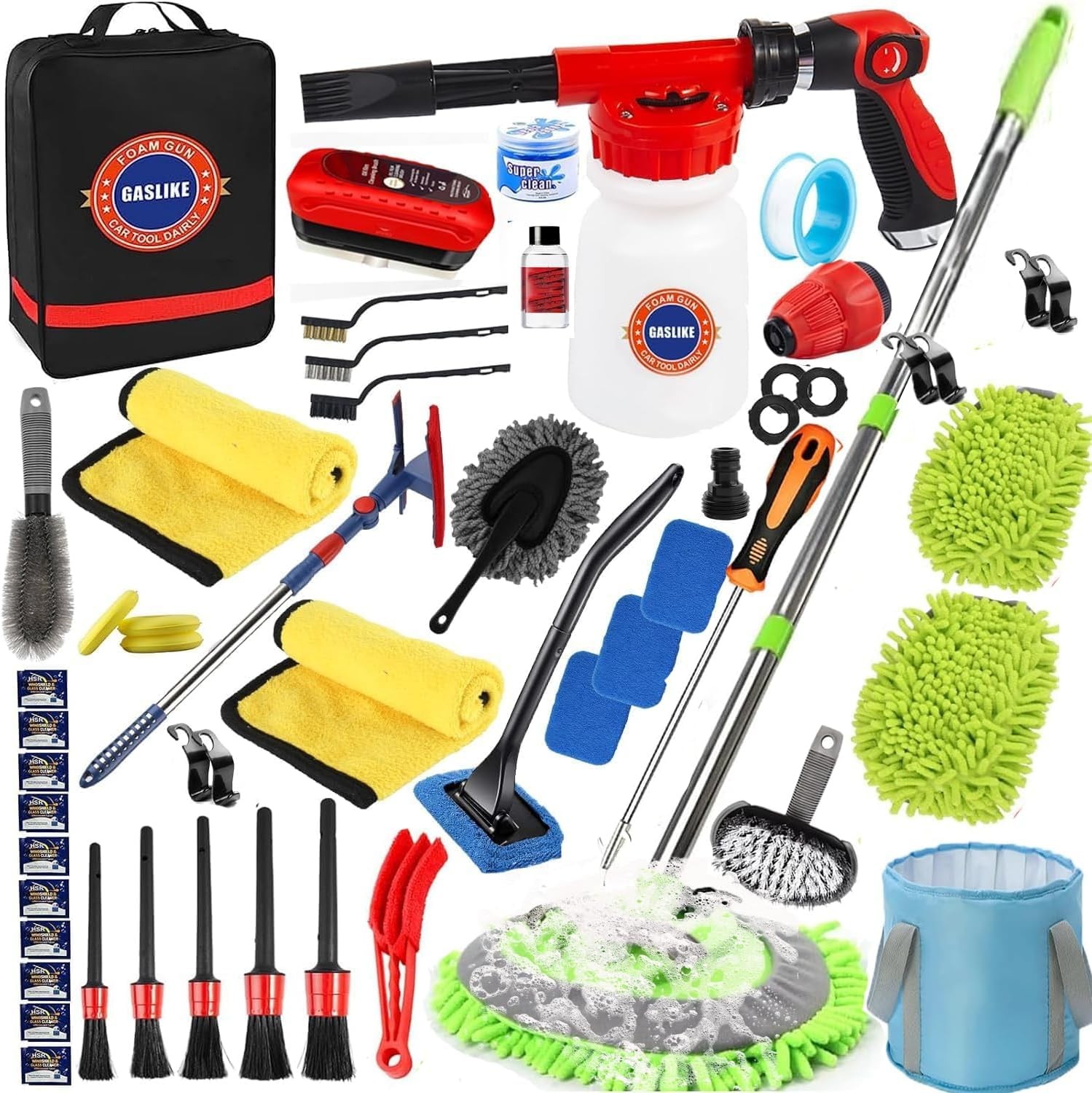 56PCS Car Wash Cleaning Kit Foam Gun Long Handle Brush Wheel Brushes
