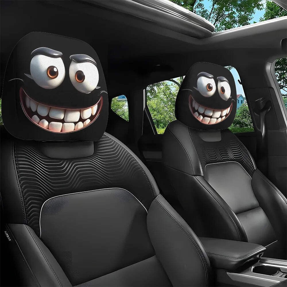 2pcs Funny Big-Eyed Cartoon Print Car Headrest Cover Interior Auto Protector