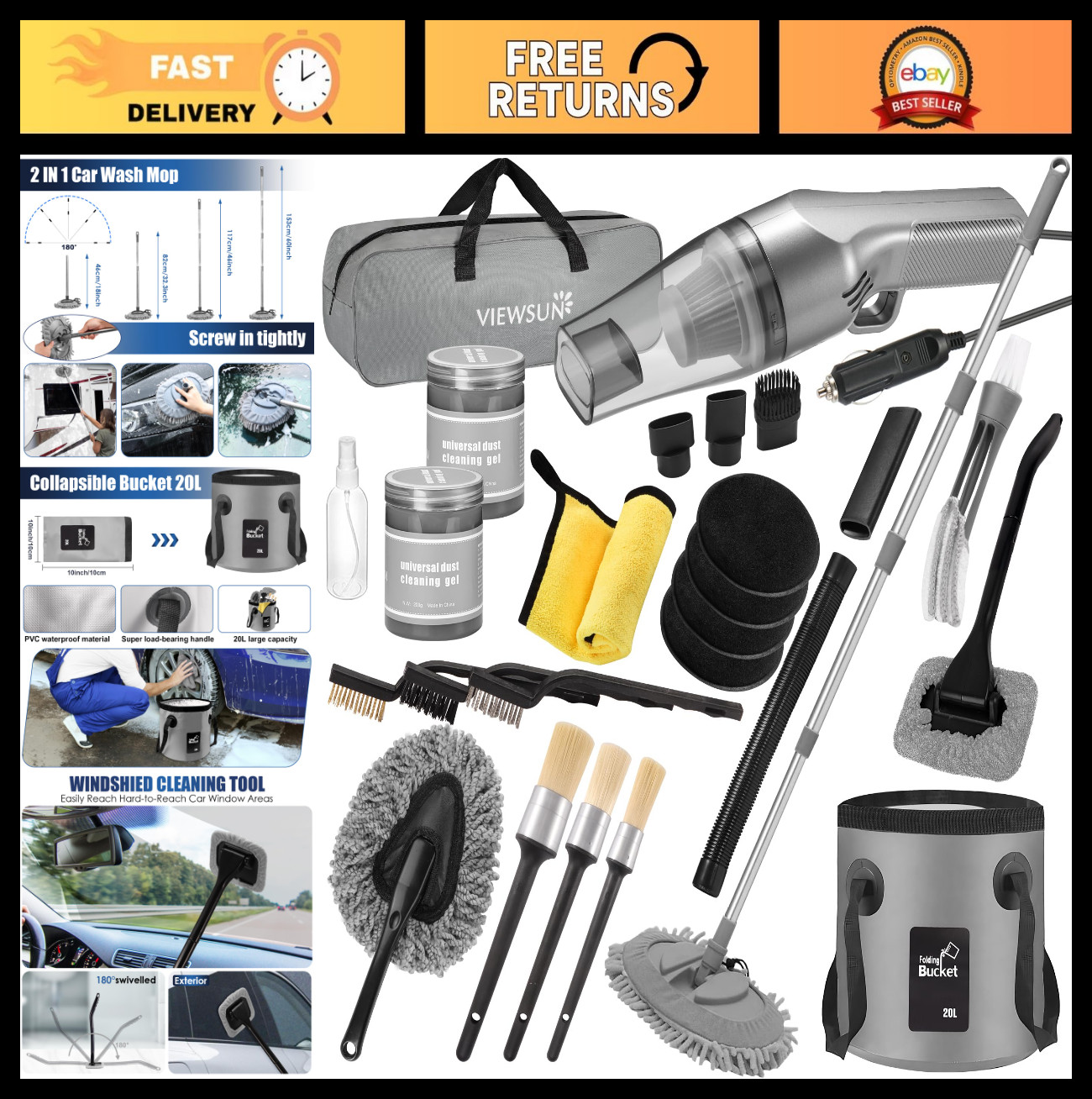 21Pcs Car Cleaning Kit – High Power Vacuum, Mop, Detailing Brushes & Supplies