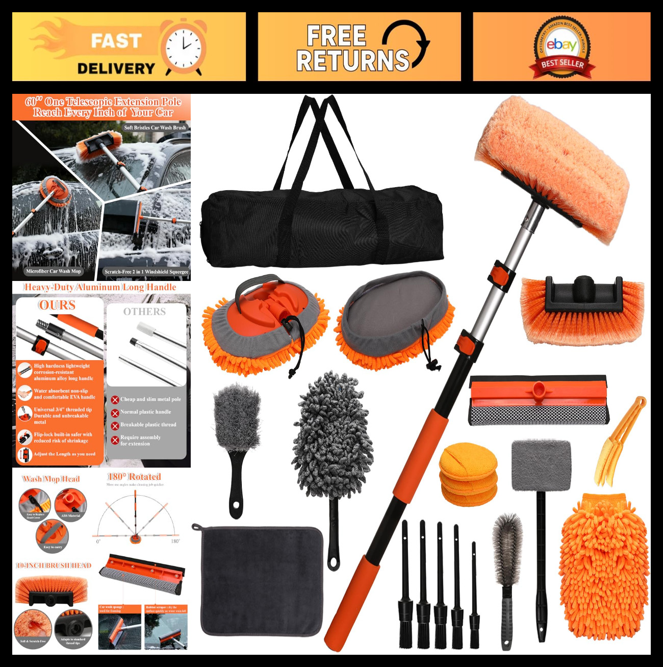 21Pcs Car Wash Kit – Heavy-Duty Extension Pole, Soft Brush, Tire Brush, Mop Mitt