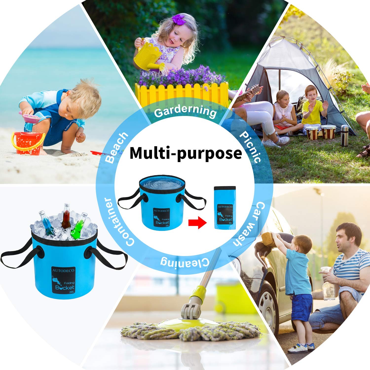 AUTODECO 2 Pack Collapsible Bucket 5 Gallon Container Folding 20L-2Pcs, Blue