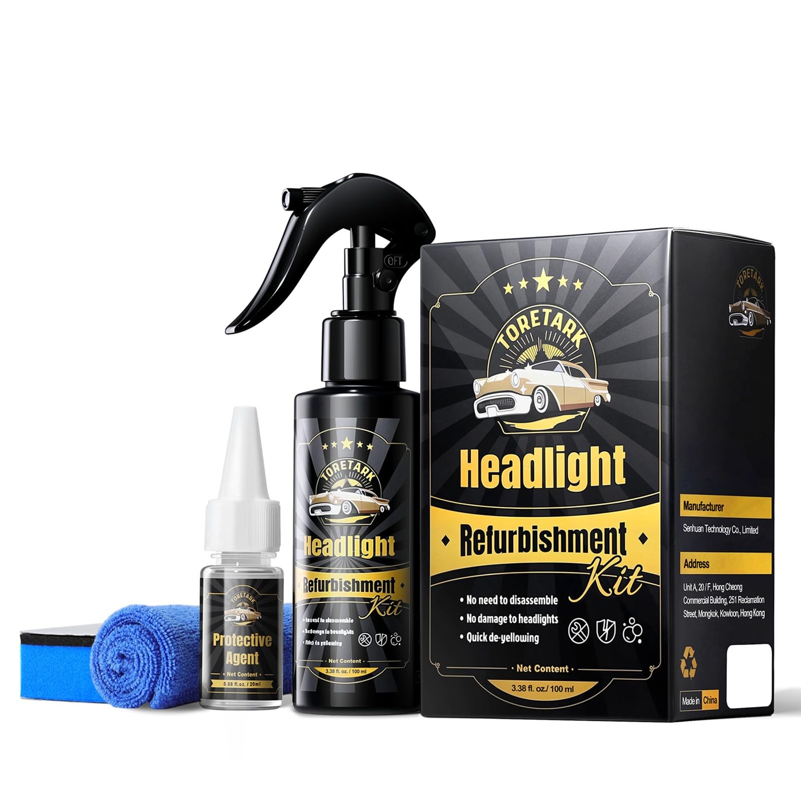 Car Headlight Restoration Kit, No Power Tools Required, 100+20+1+1, Clear