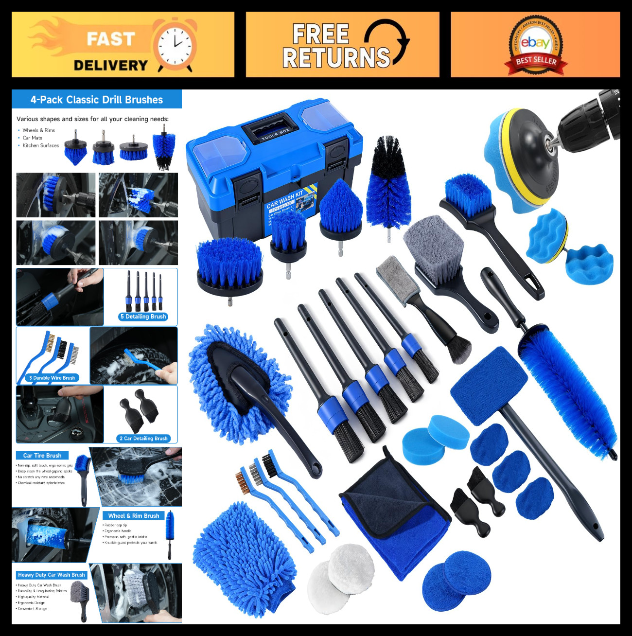 36Pcs Car Detailing Kit – Brushes, Cleaning Tools, Auto Wash Accessories & Stora