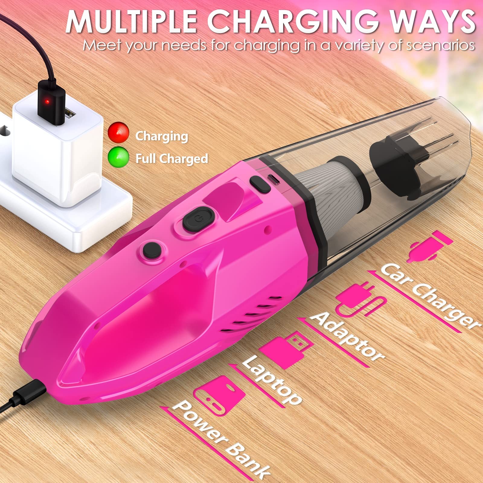Cordless Handheld Vacuum 8000PA Car Detailing Kit Interior Cleaner Pink Cleaning