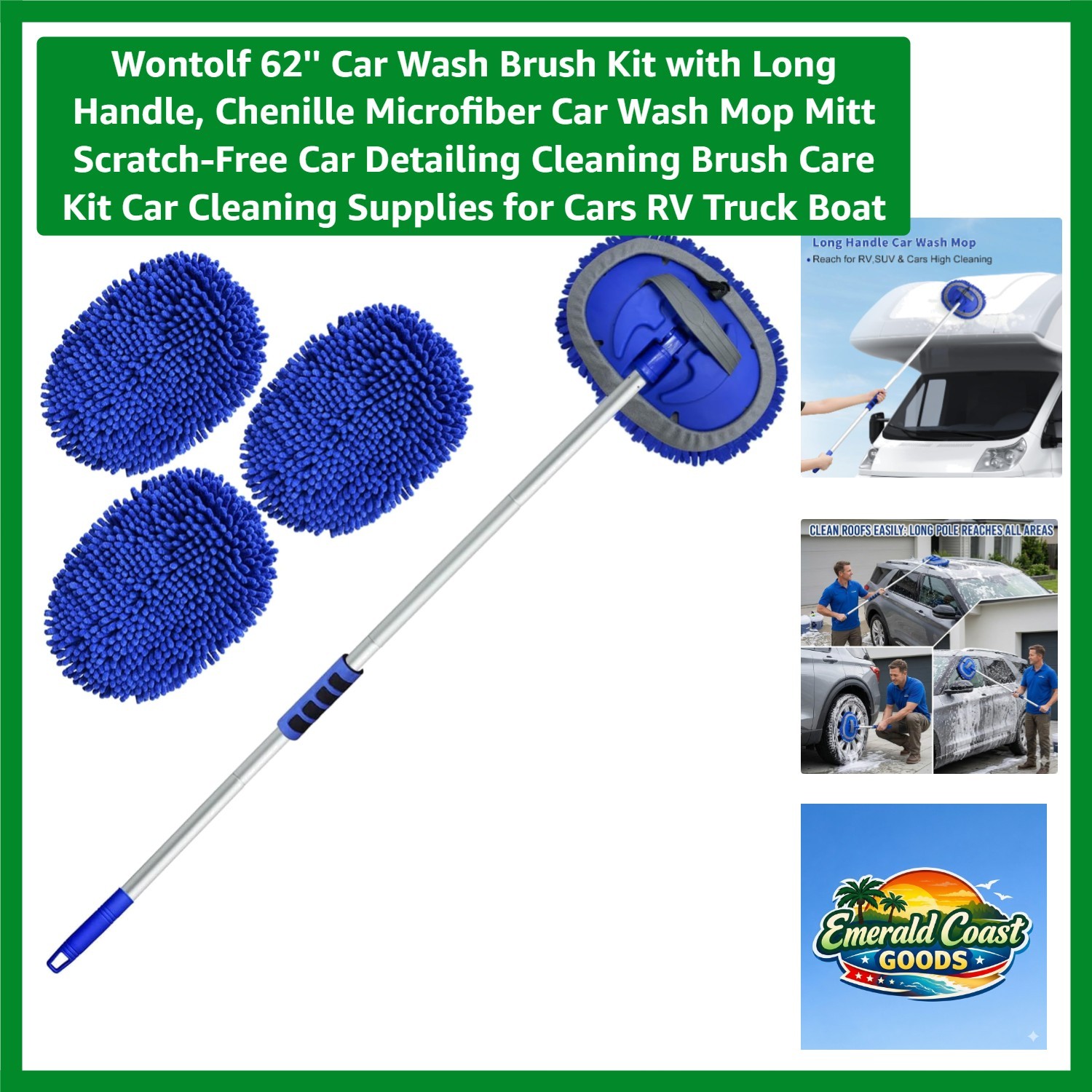 62” Car Wash Brush Kit with Long Handle, Chenille Microfiber Car Wash Mop Mi…