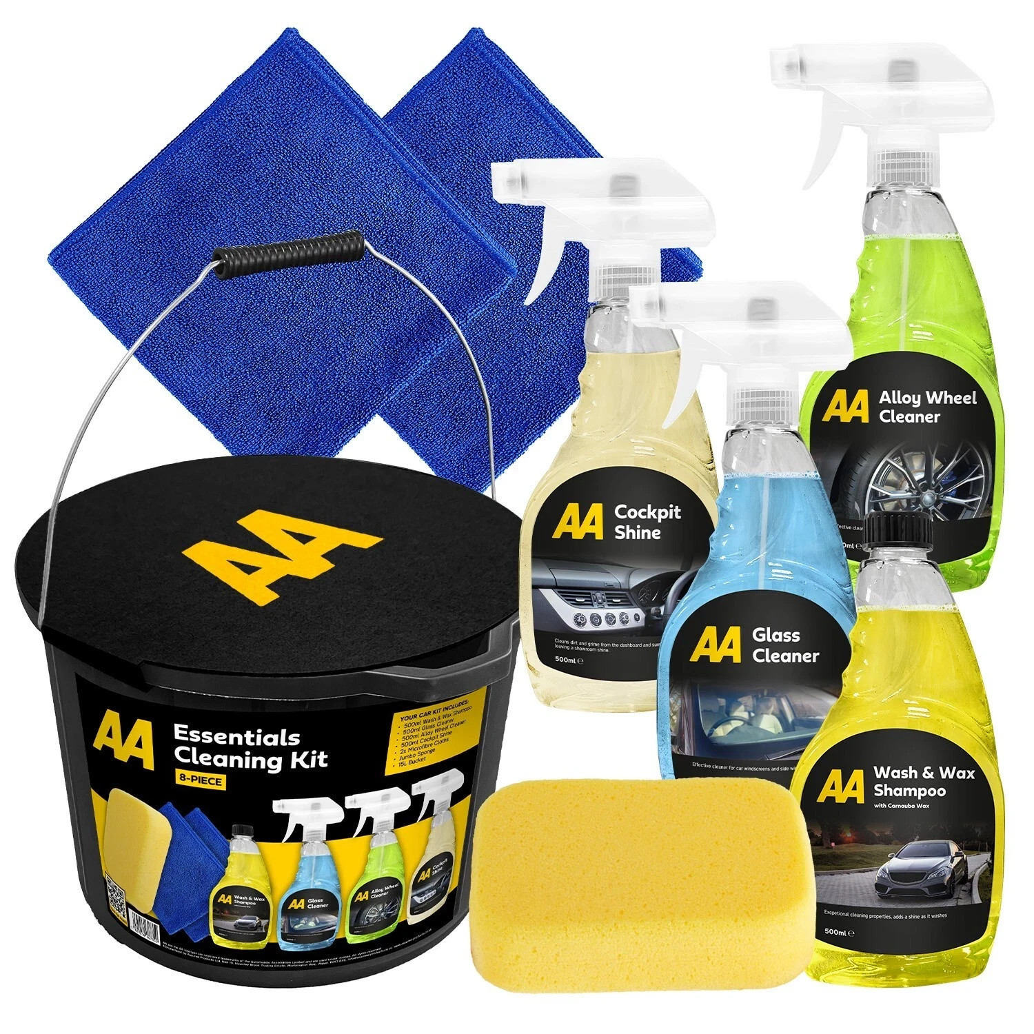 AA Car Cleaning Kit, 8-Piece with 4 Cleaners, 2 x Cloths, Sponge and 15L Bucket