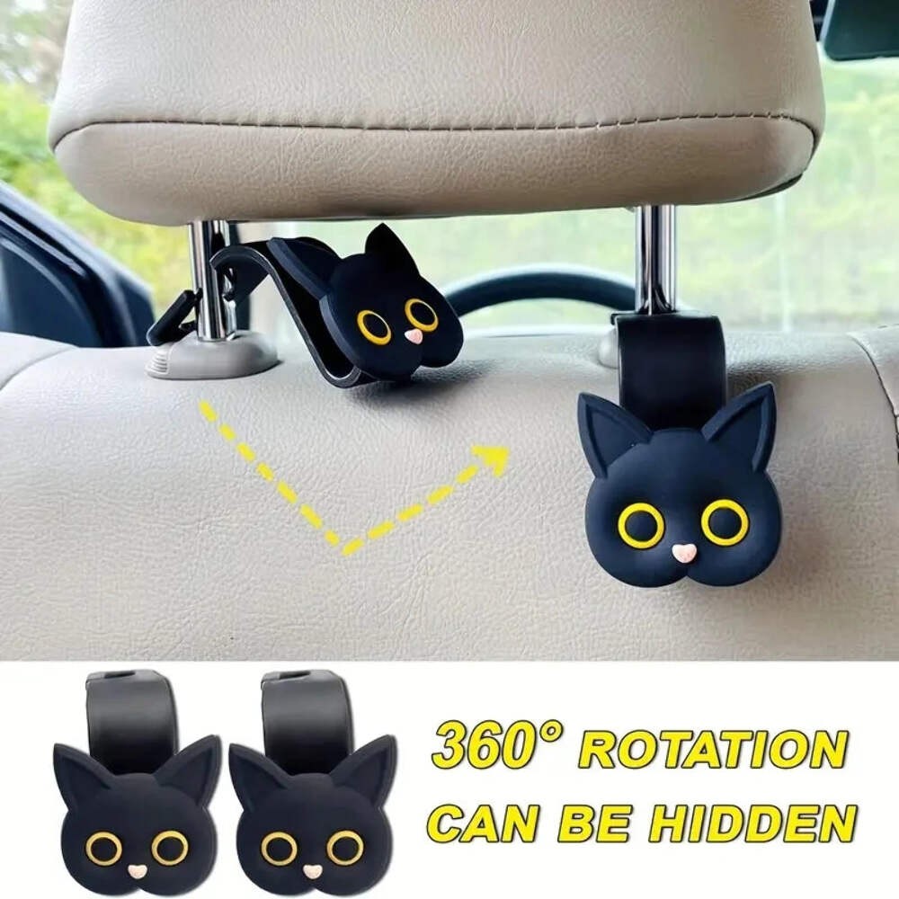 2pcs Adorable 3D Cartoon Cat Car Seat Headrest Hooks Universal Vehicle Storage