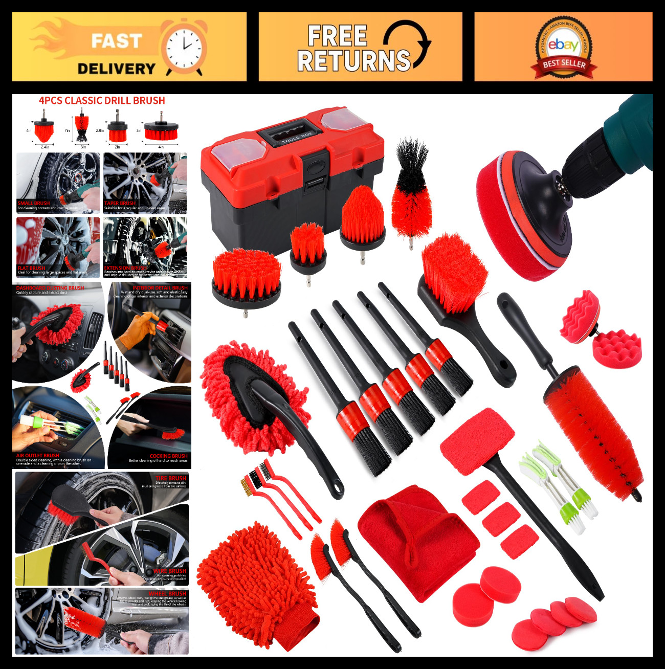 35Pcs Car Detailing & Cleaning Kit – Windshield Tool, Wheel Brush, Polishing Pad